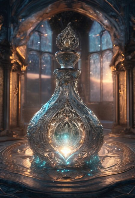 Score_9, Score_8, high_def, highest quality, 4k, best quality, masterpiece, focused, defined, Photorealistic magic potion, intricate glass bottle, elixir, vibrant white and silver and tealcolors, ethereal light, wax seal, flashy lights, magic lights, luminous, dynamic reflections, magical aura, highly detailed, fantasy essence, glowing particles, radiant aura