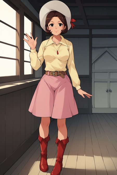 score_9, score_8_up, score_7_up, score_6_up, BREAK, HikaruMakibaUFOXL, 1980s (style), black eyes, brown hair, short hair, medium breasts, white sun hat, yellow shirt, long sleeves, brown belt, pink skirt, red boots, solo, full body, standing, waving, seductive smile, looking at viewer, indoors <lora:HikaruMakibaUFOXL:0.8>