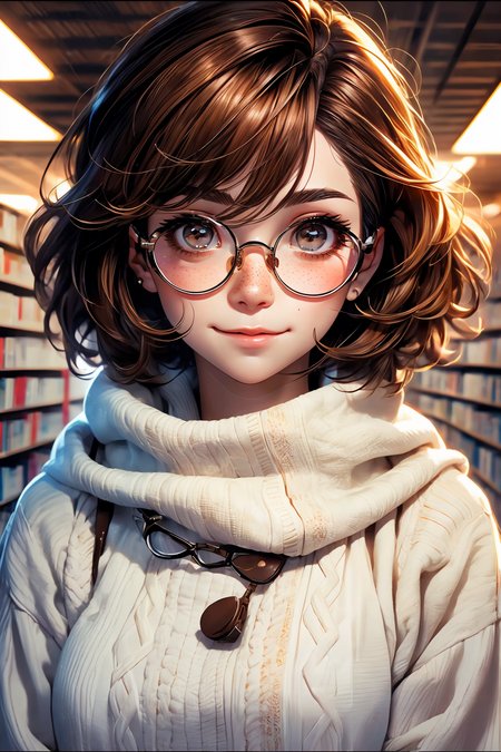 closeup, face, portrait, upper body, 
freckles, 
shy, blush, 
(short brown hair:1.1), 
(library:1.1), 
(round glasses:1.2), 
(brown eyes:1.4), 
cozy, detailed eyes, winter sweater, 
<lora:more_details:0.4>
 <lora:Cosmic anime-oil fusion v2:0.45> 
<lora:AnimeVibesV3:0.55> animevibes, 
<lora:3DMM_V11:0.55> 3DMM 
<lora:midjourney_20230624181825:0.65> midjourney ,
 <lora:LAS:0.15> cloud,colorful,
<lora:msw_locon-t2:0.25>, shiny, shiny hair, shiny skin, shiny clothes