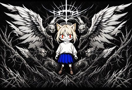 score_9, score_8_up, score_7_up, score_6_up, score_5_up, score_4_up, rating_safe,necoarc,blonde hair, red eyes, slit pupils, cat ears, :3, chibi,turtleneck, white shirt, blue skirt, pleated skirt, pantyhose, brown footwear,greyscale, monochrome, limited palette, horror (theme),angel wings,halo,abyss,hell