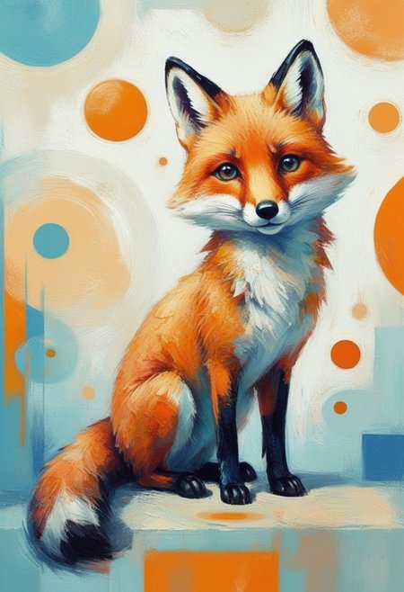 Abstract expressionist painting, pop art and cubism. straight lines, circles and bodies, cute fox without body, (((warm colors))), blue, intricate details, hologram floating in space, a vivid digital illustration, dribbling, quantum wave tracking, white background, Behance HD, vivid colors, flat Color, 2D, strong lines, Pop Art. Energetic brushstrokes, strong colors, abstract shapes, expressive, emotional, illustration, perfect composition, intricate details, absurd, atmospheric lighting, streaks of light, vibrant colors, very detailed, midjourneyv6.1, detail background, perfection, impressionist painting