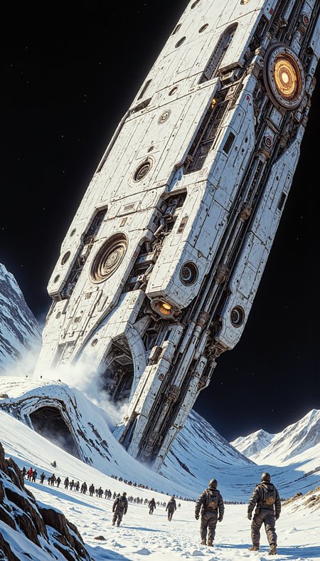 Comic book style, An ultramodern, meticulously detailed spaceship, rendered with photorealistic precision, dominates a desolated, snow-laden landscape. The vessel, a monument to futuristic engineering with its labyrinthine structure of white and gray panels, rests precariously askew, conveying a sense of recent upheaval. A multitude of figures clad in protective gear trudge across the treacherous, snow-drifted terrain towards the behemoth, their silhouettes dwarfed by the sheer magnitude of the vessel. Employ a dynamic three-quarter shot, accentuating the spaceship's imposing scale against the desolate backdrop. Capture the harsh, unforgiving light reflecting off the snow and the spacecraft's metallic exterior, imbuing the scene with an icy, ethereal luminescence. Eliminate the black color, enhancing the stark contrast of the white ship against the snow. Focus on the interplay of light and shadow, highlighting the granular detail of both the environment and the spacecraft's intricate design.