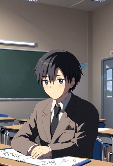 Highres, Masterpiece, High Quality, 4K, 8K, solo, 1Boy, Takaki Toono, adult, black hair, short hair, classroom, desk chairs, whiteboard, screen, sitting, school, school uniform, easynegative, detailed_eye_model