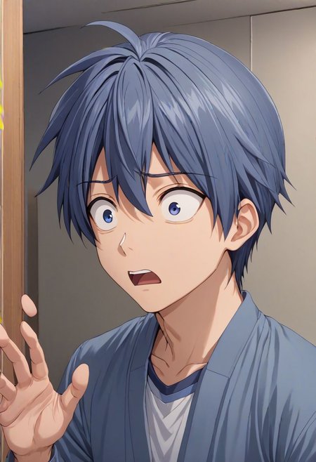 high resolution, solo, best quality, 1Boy, Tomoya Okazaki, Grey Blue Hair, surprised, peeking out, OverallDetail