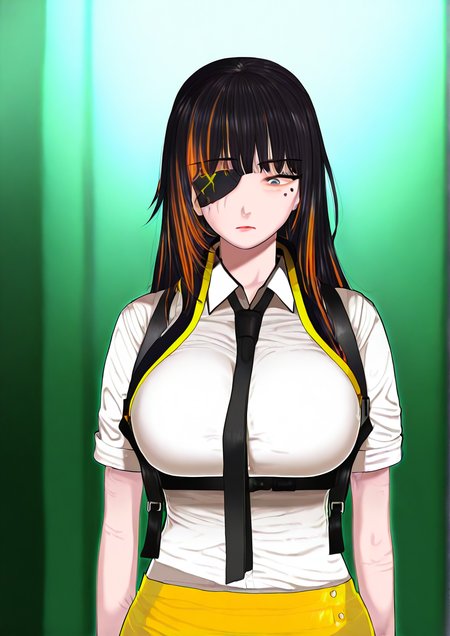 <lora:OnThe:1.4>,1girl, m16a1 (girls' frontline), huge breasts, black hair, black necktie, closed mouth, eyepatch, long hair, mole, mole under eye, multicolored hair, necktie, orange hair, scar, scar across eye, shirt, skirt, solo, streaked hair, upper body, yellow skirt,