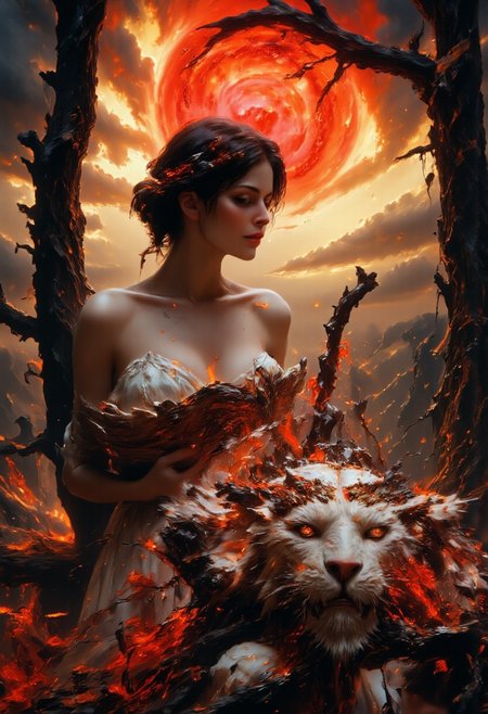 realistic. steppe. hill. tree. A white tiger lies under a tree. cuddling with a beautiful young woman. the woman is sleeping. vivid colors, vivid background, red sun, hourglass body shape, perfection style, hkmagic,