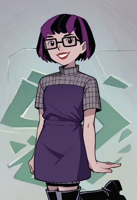 score_9, score_8_up, score_7_up BREAK VicFick, 1girl, black purple bob cut, black eyes, lipstick, glasses, short-sleeved black purple dress, grey short sleeves, black boots, smiling at viewer,