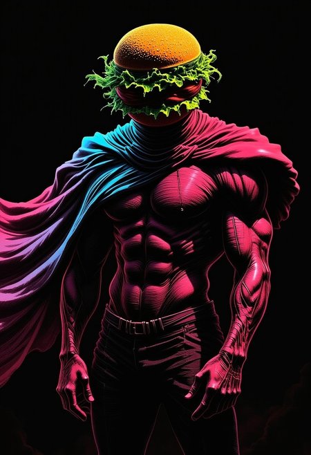 m100-style, a muscular Cheeseburger with a Planethead, juicy, deep blacks, charming mysterious, Action Scene, billowing translucent Rainbow colored cape, volumetric lighting, realistic analog photo,