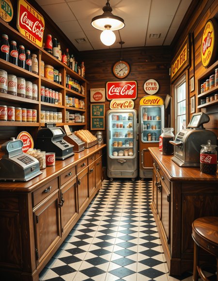 A vintage 1950s grocery store filled with nostalgic details. Wooden shelves neatly stocked with classic canned goods, glass soda bottles, and colorful retro packaging. An old-fashioned cash register sits on the wooden counter, next to a small scale for weighing produce. The checkered black-and-white tile floor adds to the mid-century charm, while hand-painted signs on the walls advertise milk, bread, and coffee in bold, retro fonts. A display of penny candy in glass jars sits near the entrance, and a vintage Coca-Cola refrigerator hums in the background. Soft, warm lighting casts a nostalgic glow over the scene, enhancing the rich textures of wood, glass, and metal, capturing the essence of a bygone era.
<lora:SDXLFaeTastic2400:0.4> <lora:extremely_detailed:0.4> extremely detailed
,1950s grocery st0r3, <lora:1950s_grocery_st0r3-i:1>, Masterpiece,best quality,hi res,8k,hi res,8k,award winning,(sharp focus, intricate, highly detailed),