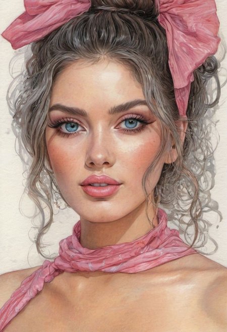 masterpiece, best quality,(color ink painting by Moebius, Katsuya Terada, ,Jeffrey Catherine Jones), Wonderful 18 year old girl, Top knot, young, black hair, blue eyes and beautiful prosperous breasts, ultra photorealistic, professional majestic portrait,  (illustration, watercolor sketch), (best quality), (intricate:1.2), (photorealistic:1.4),(detailed:1.2) ,((face focus)), ultra realistic face, smiling videly, ((closeup, portrait)), ((pink lipstick, eyeliner, eye shadow, blush):1.2), ((best quality, masterpiece, extreme details, high resolution):1.2),((detailed eyes, beautiful eyes, detailed face, beautiful face):1.2), professional majestic 8k uhd, soft lighting, high quality, sharp focus, High Detail
