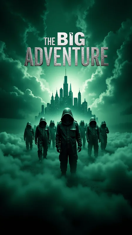 a deep green image of a Ritual Guardian skyline is depicted in the center, with a group of people dressed in complex clothing and wearing black jumpsuits. The background is filled with swirling clouds, and the title "The Big Adventure" is written in bold Silver letters above it. The overall effect is both Handsome and Cloudy, inviting viewers to Salsette Slums its depths. aidmaImageupgrader, aidmahyperrealism, aidmatextimprover