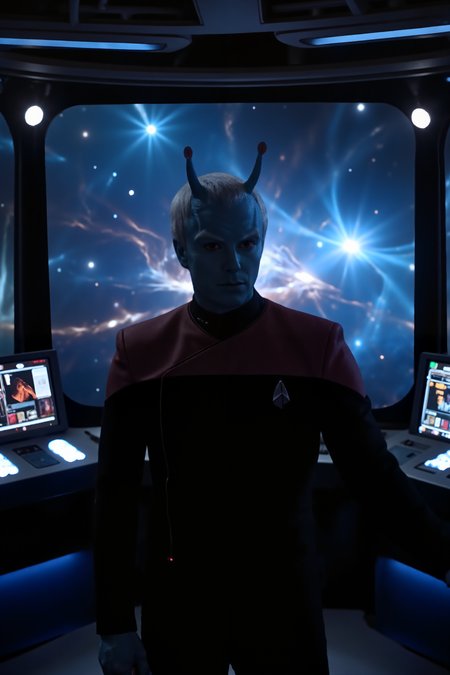 A high-resolution photo of a futuristic starship bridge, bathed in soft, ambient light from the shipâs control panels and displays. At the center of the scene, the captain, andorian man with blue skin and antennae dressed in a striking black PCD uniform with red shoulders, stands confidently at the command station. The uniformâs sleek design and distinctive red hue contrast sharply with the cool, metallic tones of the bridgeâs advanced technology. Behind the captain, large windows reveal a breathtaking view of distant galaxies and vibrant nebulae. The bridge is filled with an array of holographic interfaces and glowing control consoles, creating a high-tech, immersive environment. The captainâs posture and focused expression exude leadership and resolve, perfectly capturing the essence of futuristic command.<lora:midjourney_whisper_flux_lora_v01:0.55><lora:aidmaMJ6.1-FLUX-V0.1:0.4><lora:FluxMythP0rtr4itStyle:0.4><lora:detailed_flux_ntc:2.2><lora:aidmaImageUpgrader-FLUX-V0.1:0.65><lora:PCD_FLUX:1.1><lora:andorian_FLUX>