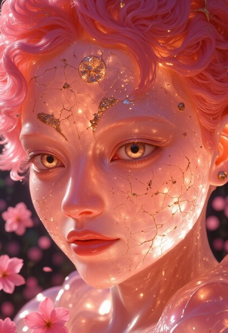 Close-up portrait of a statue of a an asian woman staring at the viewer. Her head and body are semi-translucent, polished Rose Quartz, with numerous, glowing, fine, hairline cracks covering the head and down her neck creating a statue-like effect. Her eyes are a light pink color, gold dust eye shadow, and her lips are a rich, gold-colored lipstick. The lighting focuses on the face, creating strong highlights and shadows. The background is softly blurred showing a sea of cherry blossoms petals, but is blurred and out of focus so all visual attention is on the woman's eyes, nose and mouth. Her pink, curly hair blends in with the background. The overall impression is one of dramatic beauty, with an almost otherworldly quality.  (((ultra-realistic style))), realistic soft lighting, eye-catching, atmospheric lighting, natural, shallow depth of field, (highlights: 0.8), high detail (dynamic, sincere, cinematic shot, film grain, bokeh, depth of field) <lora:FLUX-daubrez-DB4RZ-v2:1> DB4RZ, DB4RZ style painting