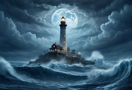 Studio Ghibli style, best quality, high resolution, 8k aesthetic, mesmerizing celestial moonlight, ultra-detailed. raging ocean with dark blue sea. waves crashing along the sea reaching off into the distance. rain clashes across the water scape as thunder crackles in the background. a light house is being destroyed by the ferocity of the waves the ocean was producing. The holes smashed into the lighthouse from the weight of the waves. The rain causing a foggy cloud across the landscape. A typhoon crushing down upon the ship. The waves reaching high into the sky dwarfing the ship and the town as the waves are like a large tsunami. Wood is broken and spread across the surface of the ocean showing the large amounts of damage the ship and town have suffered. Parts of buildings are sticking out of the water having been flooded. the ship is that of a 1700s naval pirate ship. under the water you can see parts of the ship sinking deep into the water below. night time. cloudy sky. waves crashing into the lighthouse reaching half way up it. misty fog along the landscape. the water the main focus as it crashes into the lighthouse. the moon is heavily coverd by clouds. pouring rain across the waterscape. heavy storm. fog. heavy storm clouds.
