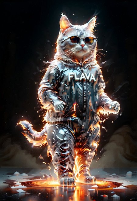 ((((("COOL" text logo made of ice)))) <lora:dvr-ftl:0.8>,
1c3_w1n73r, magicNpolished, shiny, polished, reflection, glowing, light
Anthro cat made of 1c3_w1n73r, wearing sunglasses, jacket, loose pants, baseball cap
Standing on hind legs. ((Flaming floor, flames, lava floor))