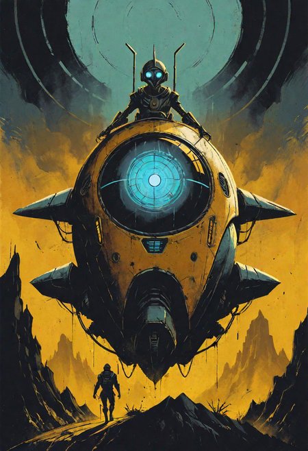 a stylized vintage robot riding a futuristic pod in an alien landscape, western, hyper detailed, sci fi, minimalist_sci-fi_dystopia