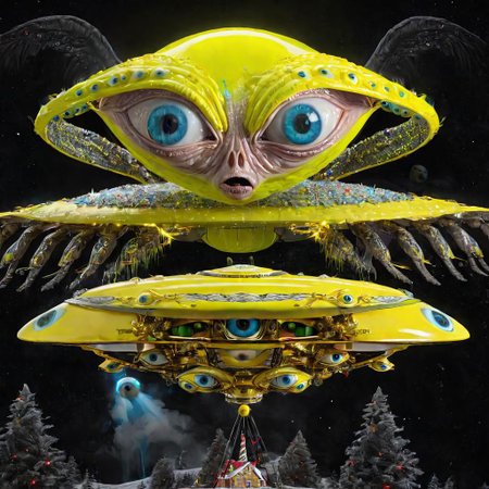 seraphins, mystical creature with hundreds of eyes and wings, roswell alien with yellow christmas hat, delivering presents with santa riding a ufo sleigh, intricate complexity, surreal horror, inverted neon yellow drip paint, photoreal
