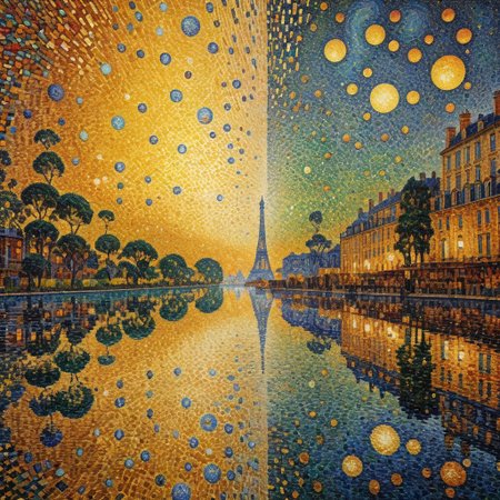 Divided universe, light and dark, enigma machine, radar, style of Manet, reflection, floating, molecular, cosmic map, very vivid, lucid, lucidity, extremely pointillistic, radar, cascading streams of gold, stream of water in the middle, depth, extremely detailed, intricate, woven, reflection, extremely colorful, perfect, perfection, pointillism, extremely pointillistic, Paul Signac Style, AH_Signac