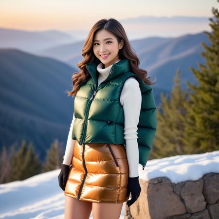 (full body shot),cute two american tall women,unique, wearing a knee-length cropped_puffer_vest winter puffer skirt, unique hair styles, 8k uhd, dslr, soft lighting, high quality, photorealistic, realism, hyperrealism,   smile ,  outdoors scene, kawaii photoshoot
<lora:cropped_puffer_vest_v2-000008:0.4>