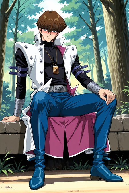 masterpiece,best quality,amazing quality, SetoKaibaYGOILXL, retro artstyle, 1boy, blue eyes, brown hair, short hair, hair between eyes, pectorals, turtleneck, white coat, open coat, black shirt, long sleeves, arm belt, necklace, guantlets, grey belt, blue pants, blue shoes, solo, full body, sitting, ((bellow view)), seductive smile, looking at viewer, naughty face, nose blush, forest, tree   <lora:SetoKaibaYGOILXL:1>