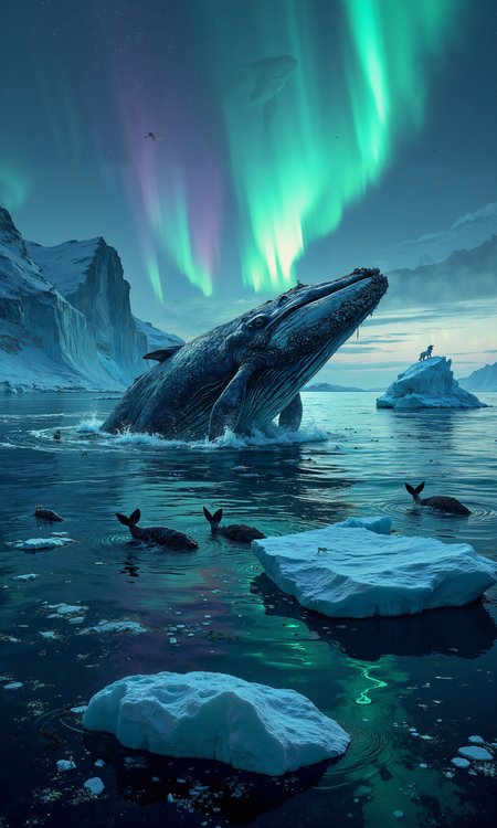 A majestic humpback whale breaches the surface of a shimmering, turquoise Arctic sea, its massive form silhouetted against the ethereal glow of the Northern Lights. Iridescent green and purple auroras dance across the night sky, casting an otherworldly light on the whale's glistening skin. Nearby, a pod of narwhals glides gracefully, their spiraled tusks gleaming in the celestial radiance. Floating ice floes dot the water's surface, reflecting the auroral display and creating a dreamlike mosaic. In the distance, jagged ice cliffs loom, their crystalline faces etched with millennia of history. A curious Arctic fox perches atop a nearby ice chunk, its white fur tinged with the surreal colors of the aurora. Schools of silvery Arctic cod dart beneath the surface, their scales catching flashes of the celestial light show. The scene captures the raw beauty and harmony of Arctic marine life, rendered in stunning 8K detail, with an atmosphere that blends the magical with the majestic. Intricate patterns of refracted light play across the whale's barnacle-encrusted skin, while the auroral glow casts long, ethereal shadows across the icy seascape. <lora:Anime v1.3:0.4> <lora:Illustration_Style_IV:0.5> <lora:flux_dev:1>