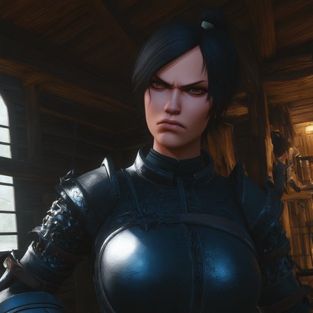 1girl,short hair,(ponytail:1.8),black hair,red eyes,looking at viewer,armor,angry,indoors,<lora:Witcher3Style_illustrious-step00001400:1>,w3style,realistic,3d,masterpiece,newest,