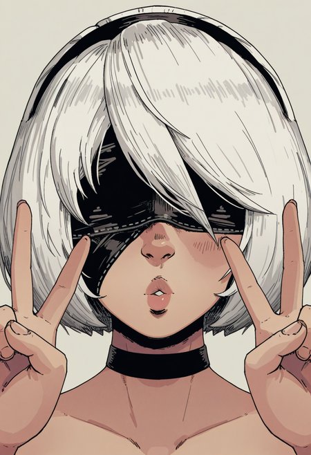 10P3Zstyle, masterpiece, best quality, solo,                                                                                                          2B (Nier Automata), white hair, blindfold, faceshot, choker, double v, tongued, puckered lips,