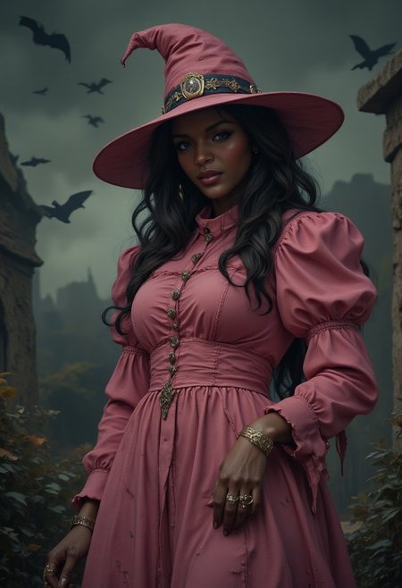 The figure in the image is that of a Dark-skinned witch with an intense, menacing expression. She wears a long pink dress with pointed shoulders and a fitted bodice that accentuates her curvy figure. The dress is worn, with tattered parts that seem to flap in the wind, giving her an air of mystery and danger. On her head, she wears a wide, pointed hat, iconic of witches, which adds to her menacing appearance. Her hand,  is adorned with rings and jewelry partially visible with the fingers slightly curled, as if she were about to cast a spell or hold something. The background is dark, full of stormy clouds, and several silhouettes of bats fly around her, reinforcing the sinister atmosphere. Particles and leaves fly in the air, giving the impression that a magical storm is surrounding this witch.