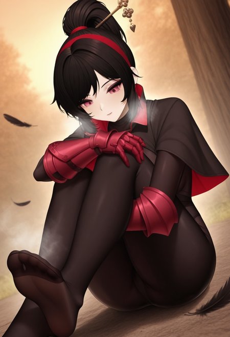 4riasensei,  outdoors, undershirt, falling feathers, black bodysuit, hair stick, hugging own legs, , gauntlets,   eyeshadow,   red gloves,  high ponytail,  , black capelet, red hairband, pink eyes, 1girl, solo, feet, visible breath,   dynamic angle, foreshortening, smell, steam,
