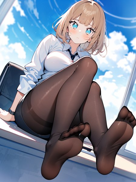 masterpiece, best quality, <lora:style28-xl-a3.1:1>,((perfect female body)),looking at viewer, beautifully detailed background, ZIP2D,1girl, curvy,feet,full body,disdain,contempt,pantyhose,sitting,office lady,from below,panorama,cinematic_angle,