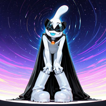 masterpiece, ultra detailed, amazing quality, absurdres, very aesthetic, from below, looming, solo, male focus, 1boy, 
orbulon_WW, white skin, alien, 3 fingers, fewer digits, sunglasses, eyes visible through eyewear, closed eyes, blue eyes, knee boots, white footwear, spiked footwear, pigeon toed, kneeling, brooch, black cape, torn cape, closed mouth, smirk, :3, blue tongue, tongue out, hands on own knees, slim, full body, leaning forward, looking down, 
BREAK 
detailed shading, shadow,  WaiIL25PosC, g0th1c, glowing, backlighting, starry sky, psychedelic background, galaxy,