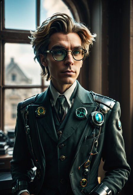 sfw, score_9, score_8_up, score_7_up, cinematic photo, dramatic lighting, dynamic pose, portrait, androgynous cybermutant aristocrat with glasses and mussed hair, earth in the window