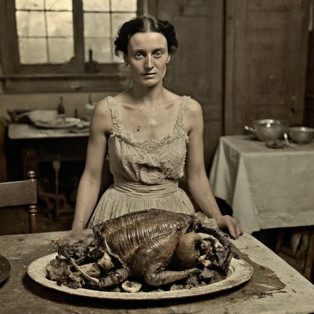 daguerreotype tintype portrait of circa 1850 woman, setting a platter of roasted alien turkey and trilobites on a dirty dining table, in old kitchen, wearing a cotton revealing sexy dirty old ripped dress made of cotton, detailed face, intricate detail, looking directly at the viewer