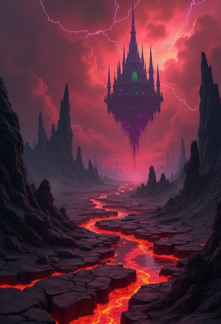 A grimdark, enchanted wasteland beneath a blood-red sky. Cracked, jagged earth glows with molten veins, surrounding twisted, obsidian monoliths that pulse with dark energy. The sky churns with storm clouds, occasionally split by arcs of violet lightning. In the distance, a colossal, floating fortress made of black stone looms, its spires crowned with flickering, green flames. The air is thick with ash and embers, swirling around the eerie, glowing runes etched into the ground. The overall atmosphere is one of ancient, malevolent magic and impending doom