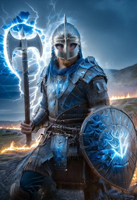 1man, armored Viking warrior in lamellar armor, wearing Viking helmet and lamellar armor, reflection, glowing blue lightning, axe and shield, Viking sword, blue flames, shatter, emphasis line, outdoor in the darkness, looking at viewer,