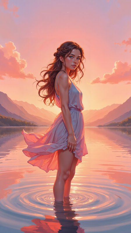High-resolution anime-style illustration, a young woman standing barefoot in a calm lake at sunset, gentle ripples forming around her feet. Her long, wavy chestnut hair is styled into an intricate braided crown, loose strands framing her serene expression. She wears a flowing, pastel dress, the fabric drifting on the waterâs surface. The sky glows in warm pinks and oranges, misty mountains fading into the distance, painterly textures blending soft anime shading with impressionistic warmth <lora:oilpaintzver5:0.8> <lora:ILLUSTRATION_(FLUX)_-_V3.1:0.4> <lora:Anime_v1.3:0.6>