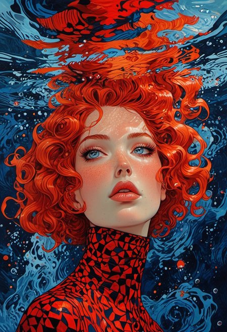 The composition includes evil female, red short dress, curly red hair with glitter, backstroke in the pool, most of the picture shows water,  trending on ArtStation, tintricate, showing  modern minimalism,  detailed, abstract, trippy, 60s style, op art, dark blues and blacks, patterns, hypnotic, art by careening into peace.