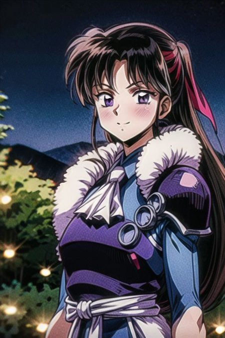 best quality 1girl Setsun4 solo long hair,  (night time) forest background black hair very long hair purple eyes multicolored hair armor, small, (fur trim) (medium body),<lora:EMS-179-EMS:0.800000>,<lora:EMS-293862-EMS:0.800000> bow, hair_bow, hair_tubes, red_bow, brown_hair, long_hair, bangs, ascot, frilled_bow, yellow_ascot, blush, smile, hair_between_eyes, athletic, armor, miko,  Smiling, happy,