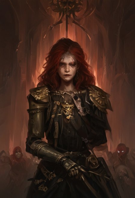 MaleniaRot, scarlet red hair, one eye closed, scar on face, single scar on arm, single mechanical arm,w4rh4mm3r style oil painting, grimdark, sister of battle, flamethrower, fire, guard, guarding, striking a pose, head down, leaning against a wall, Expressiveh, hivecity street, crowded, solo focus,