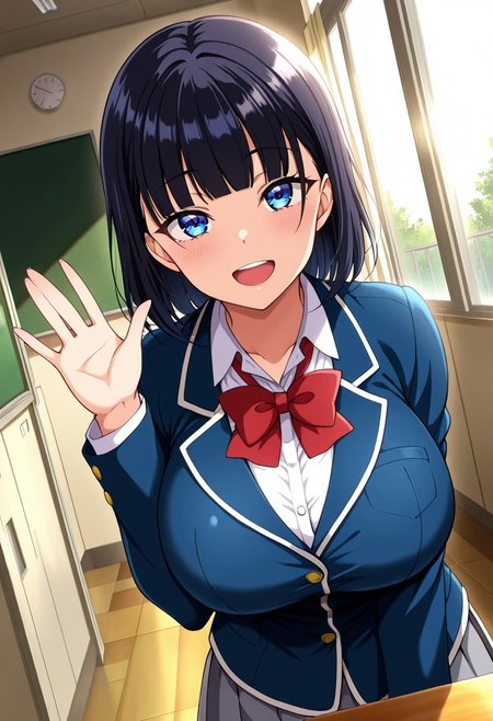 general,highres, ultra-detailed,very aesthetic,best quality ,best hands,best eyes,easynegative,
dynamic anglre, dutch angle, anime cloring,
1girl solo,looking at viewer,school, indoors, smile, open mouth, waving hand, 
Misao Takamine,black_hair, short_hair, blunt bangs, blue eyes, huge_breasts,school uniform