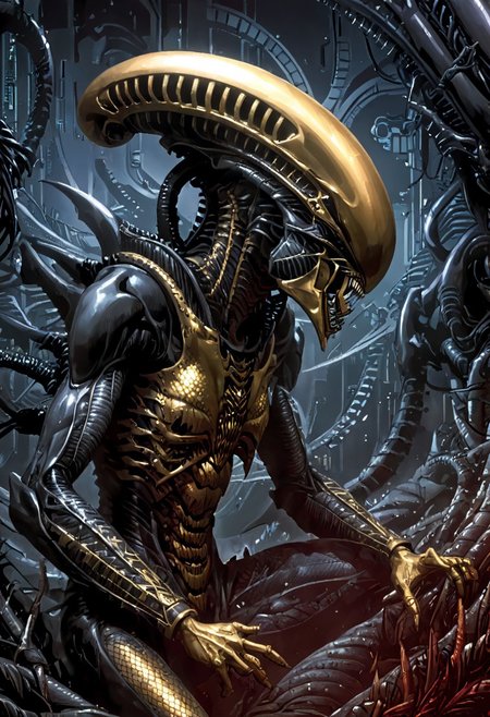 An insanely Detailed Divine Xenomorph, Golden and silver in color, cyberpunk, a crimson tinge to the golden color, Hyperdetailed, Omnipresent, Beautiful, Sinister overtones, otherworldly,