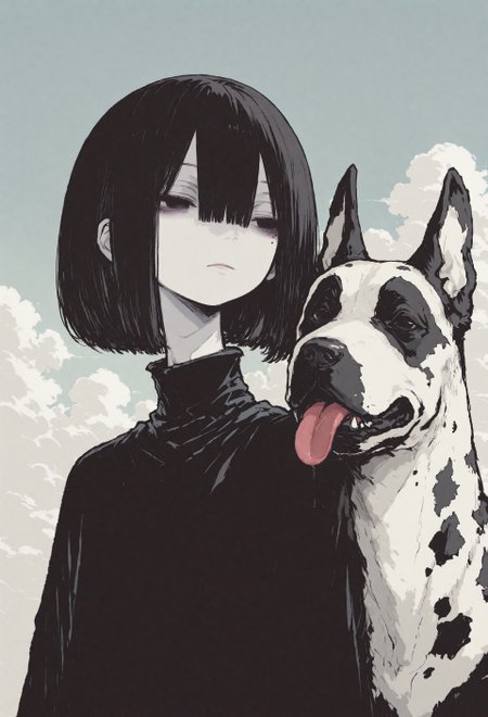 1girl, solo, black hair, bob cut, hair between eyes, solid black eyes, detailed eyes, looking to the side, mole under eye, expressionless, looking to the side, closed mouth,pale skin, black turtle neck, animal focus, dog, Great Dane, tongue out, licking_another's_face, whimsical dog, spotted fur, pale blue sky, clouds, close up, chromatic aberration,minimalsim, no lineart, no outline, blending, flat color,15546+456868, r17329_illu,S4bit4mago_illu