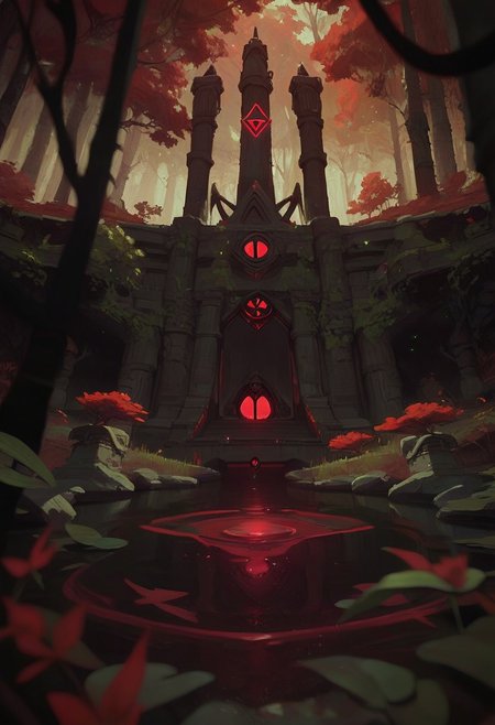 score_9, score_8_up, score_7_up, score_6_up, arkn, detailed drawing, forest, autumn, black and Red stone cult temple, ravens,  Red water pond, black tentacles coming Out of pondgrass, midday, merricles sun burning down, dynamic light,