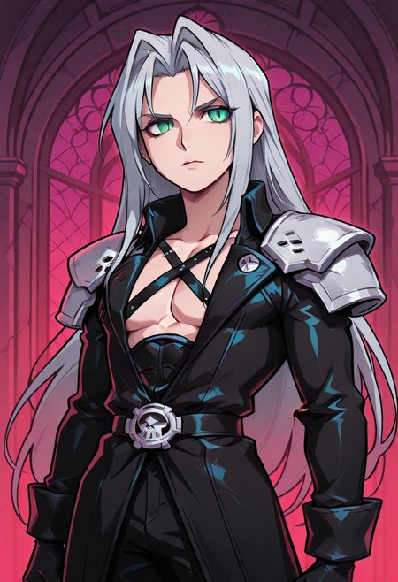 score_9,score_8_up,score_7_up,score_6_up, masterpiece, best quality, very aesthetic, 2d, ((thick lines)), vibrant saturated colors,
volumetric lighting, cinematic lighting, moody lighting, dramatic shadows,
detailed background, 
BREAK sephiroth, official outfit grey hair, long hair, very long hair, parted bangs, armor, open clothes, shoulder armor, long sleeves, pectorals, black jacket, jacket, black gloves, high collar, long bangs, black coat, green eyes, slit pupils, gothic noir background