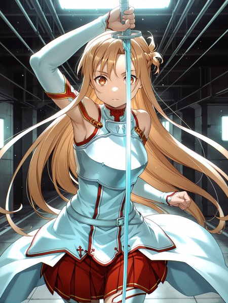 masterpiece,best quality,newest,
1girl,solo,
<lora:mpl_ilxl_v1.1>,m_p_l,vanishing point,high ceiling,holding_sword,Swinging a sword,expressionless,glowing eyes,constricted_pupils,wide-eyed,closed mouth,fighting_stance,fighting,arm_above_head,from_below,looking_at_viewer,(speed_lines:1.2),motion_lines,bokeh,motion_blur,pov,
<lora:Fixhands_anime_bdsqlsz_V1:1>,<lora:a_asuna_ilxl_v1:1>,a_asuna,brown eyes,a_clothes,bare shoulders,long_sleeves,armor,red skirt,a_sword,serious,shouting,wide_shot,