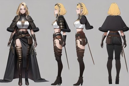 1woman, solo, armor, pauldrons, <lora:BarbarianT-18:0.8>, BarbarianT, muscular female, bare body builder abs, ((masterpiece: 1.4, perfect face, best quality: 1.2)), ultra highly detailed, detailed eyes, delicate hair details, armor faulds, fantasy crop top, arm armor, armor greaves, furry tippet, large breasts, sexy eyes, devilish grin, mixed blonde hair, extremely messy large shag hair cape, many braids and beads in hair, intricate details, hazel eyes, eyeliner, eyelashes, crossed_bangs, warpaint, one bare muscular armor with viking design tattoo, wide striped puffy sleeves, multicolor sleeves, tribal design asymmetrical lion cloths, leather boots, wide striped baggy pants trousers, tassel belt accessories, barbarian woman, brown leather hip belt with pouch on right side of hip, sword sheath on left side of hip belt, leather gloves with fur trim, saturated brown tones, nordic, fantasy aesthetic,(flat saturated colors), fine details, intense,(lineart:1.33), charactersheet, reference sheet, multiple views, white background