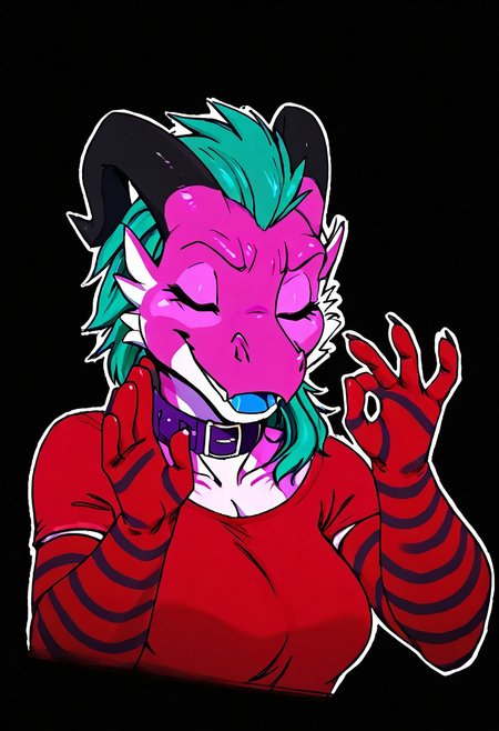 a furry sticker of, white outline:1.4, simple background, by incase, score_9, score_8_up, score_7_up, score_6_up, score_5_up, best quality, highly detailed, intricate details, extremely detailed, masterpiece, 4k, fine details, subtle soft details, futanari, ((Kobold)), ((pink scales:1.4)), split complimentary color scheme, ((purple stripes)), ((black sclera)), ((glowing orange eyes, orange iris, black pupils, split pupils)), (long eastern dragon tail), ((brown ram horns)), ((long teal hair:1.4)), ((purple slave collar)), ((black lipstick)), black eyeliner, plump, cute, medium breasts, cleavage, curvy, red long gloves, large iris, smiling, 1girl, solo, solid bright green background, looking at viewer, (bust shot), red tshirt, red t-shirt, side view, eyes partially closed, light blue tongue, half closed eyes, emote, pachameme, hands up, ok sign, closed eyes