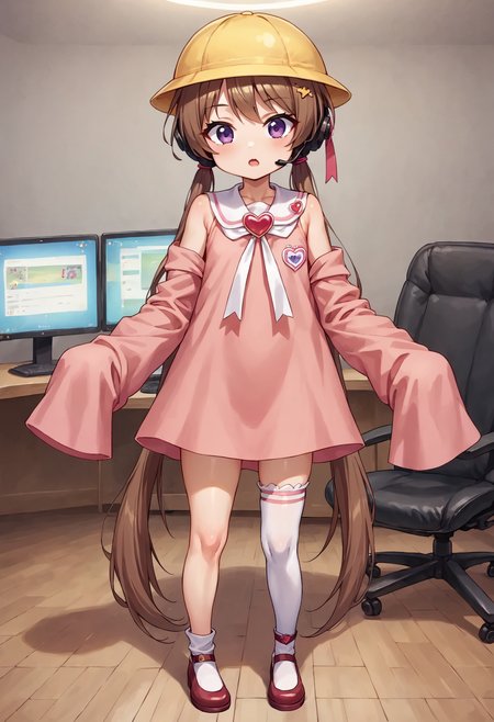 score_9, score_8_up, score_7_up, source_anime, BREAK
<lora:TsukiyomiAi_MMD_Pony_V1:0.83> Tsukiyomi_Ai, Purple Eyes, brown hair, very long hair, low twintails, bangs, pink hair ribbon, headset, school hat, yellow hat, 
White neck ribbon, kindergarten uniform, collared dress, frilled collar, pink dress, Heart Brooch, short dress, Sleeveless dress, Heart name tag, 
(off Shoulder), collarbone, sleeves past fingers, pink sleeves, 
asymmetrical legwear, white thighhighs, white socks, bobby socks, red footwear, drawers,
1 girl, solo, flat chest,  (sitting on a chair), face forcas, close up face, (cowboy shot),(close up),
indoor, gaming chair, gaming PC, controller, 4+TV monitors, 4+PC monitors,