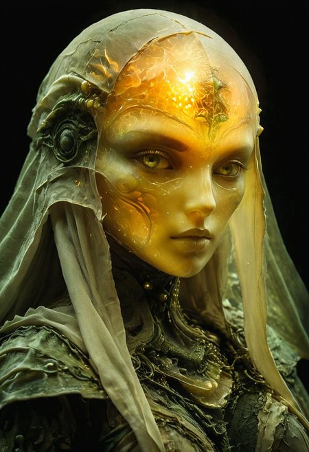 style of Guido Argentini, Capture a stunning Closeup of an Solid enforced midsummer witch upon a hill,  from a mushroom in an eerie nightly Mountain beautiful Nature moss and birch tomb, feudal shinobi armored white Spirit wearing hooded Linen cape designed By Studio ghibli, with long flowing cape and high collar, only the eyes glow in the dark, masked with a Bright translucent amber Mask inspired By HR Giger and Franco Fontana,  very detailed and vibrant outworn but colorful, She is wearing armor made entirely Made of marbles, both liquid and hard. The marbles are meticulously laid over her arms and limbs, securely fastened with ancient leather straps. , wielding colorful two-toned giant sword, 
very detailed, Shot in UHD