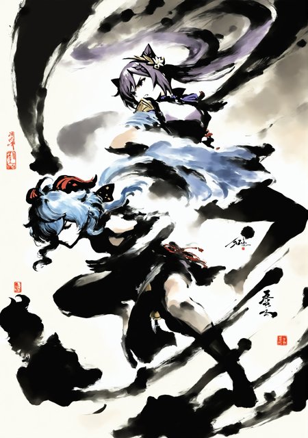 masterpiece,best quality,<lora:yi-noob:1>,ink wash painting,
2girls,ganyu \(genshin impact\),keqing \(genshin impact\),fighting stance,